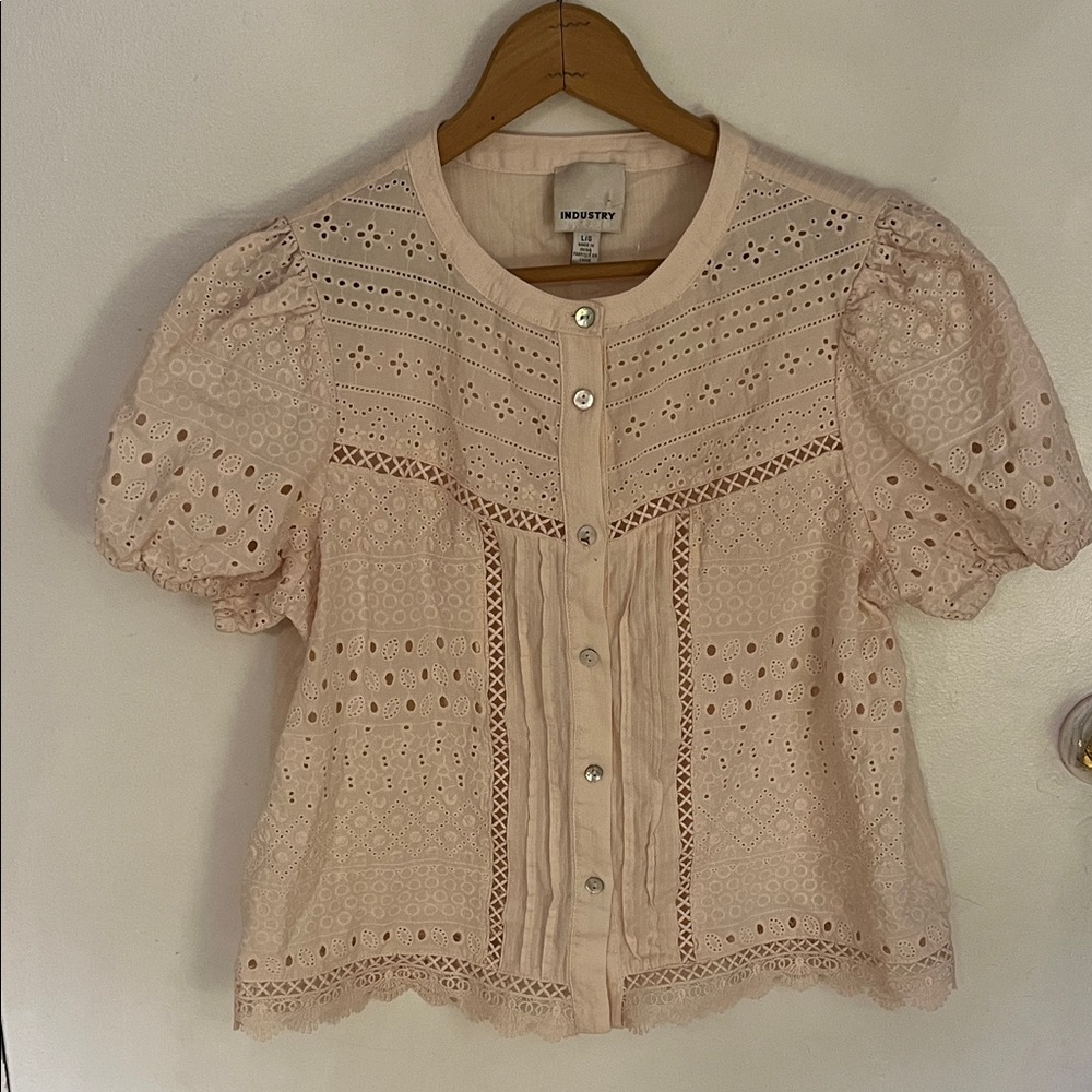 Pale Pink Eyelet Button-Front Puff Sleeve Top